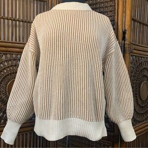 Aerie Beyond Chenille Ribbed Chunky Knit Sweater Cream Tan Striped XXS